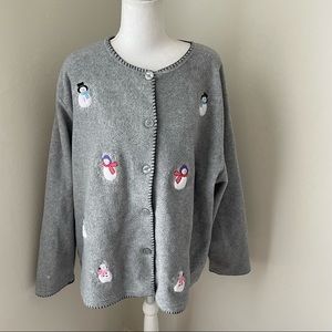 SOLD Stephanie Rogers Vintage Gray Fleece Button Down Snowman Embroider Sweater